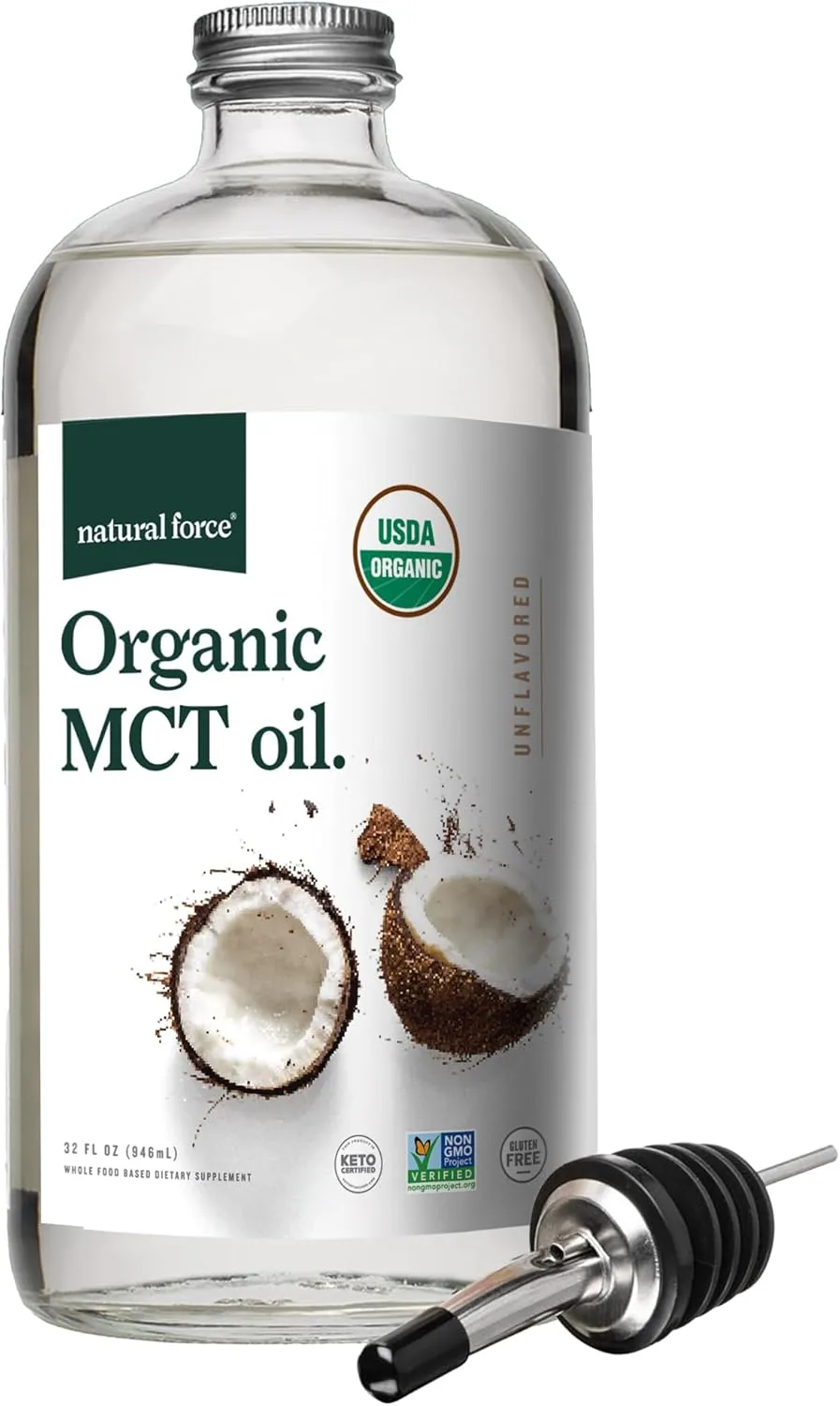 Natural Force Organic MCT Oil – Pure Glass Bottle – Made from 100% Virgin Coconut Oil + Certified Keto, Paleo, Kosher, Vegan & Non-GMO – Lab Tested for Quality and Purity - 32 Ounce